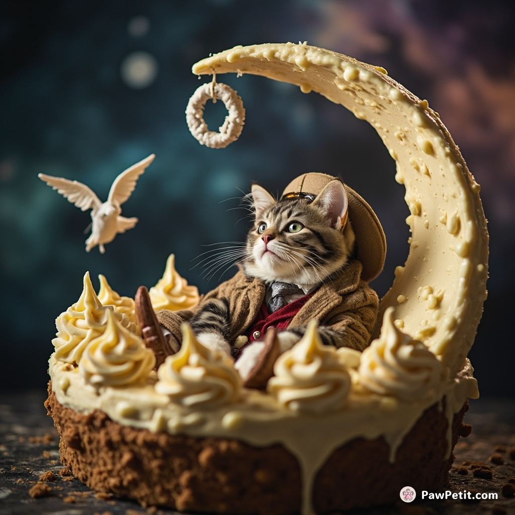 A feline diplomat hosting an intergalactic peace summit inside a cheesecake moon.