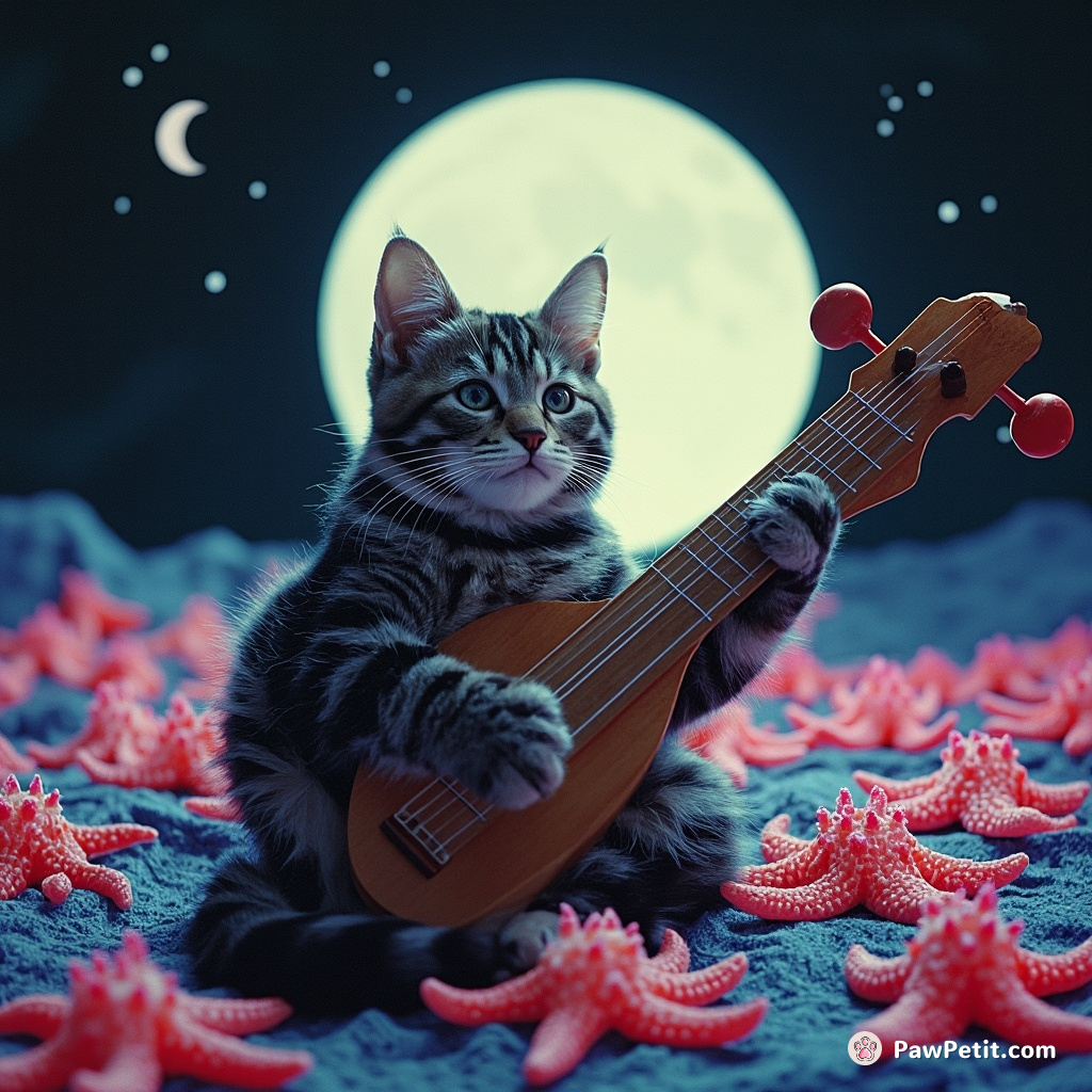 A tabby cat playing a harp to an audience of Starfish on the moon.