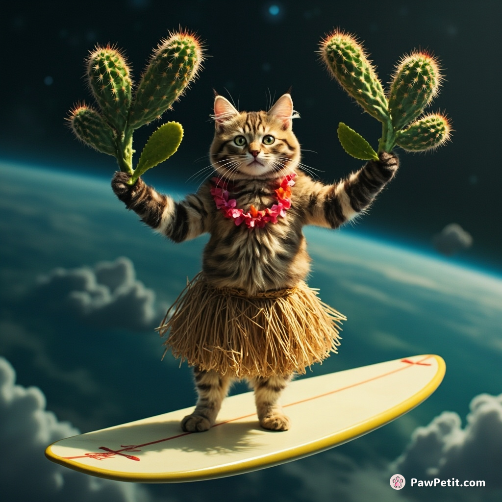 Cat wearing a hula skirt juggling prickly cacti on a floating surfboard in space.