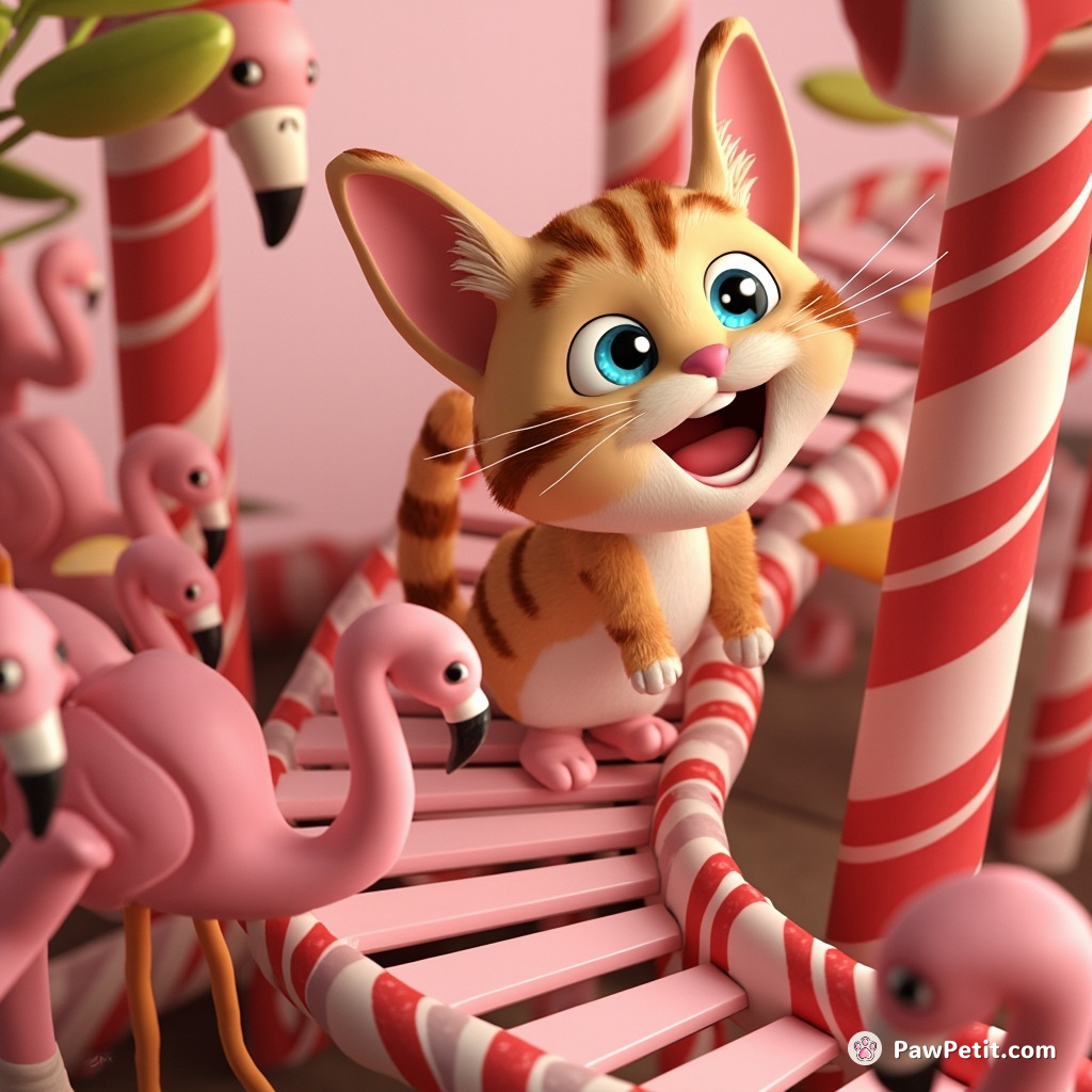 Cat belly-laughing atop a spiral staircase in a jungle made of candy canes, teaching flamingos their alphabet.