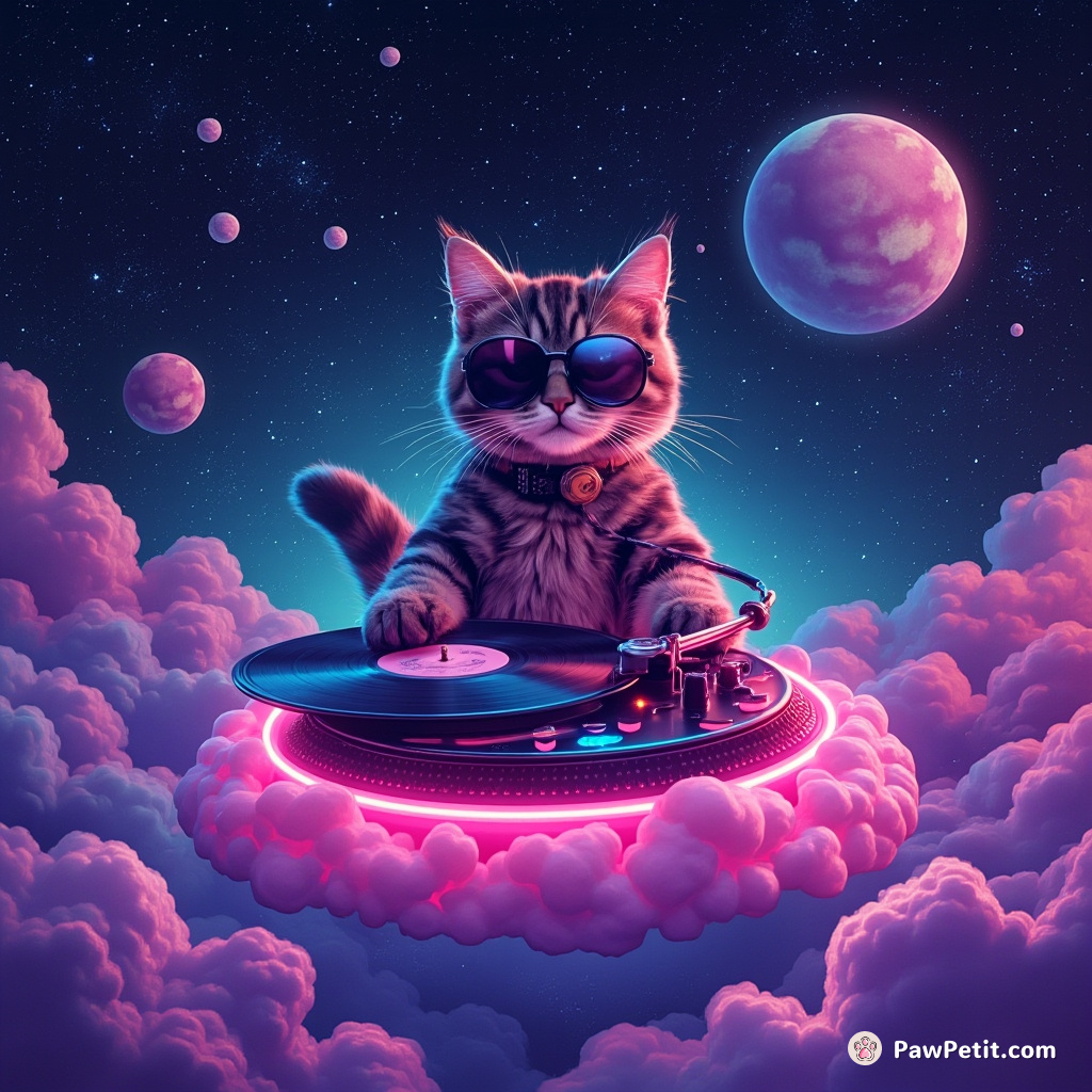 A neon-lit cat DJ spinning vinyl records on a turntable made of sushi atop a floating cloud in an alien galaxy.
