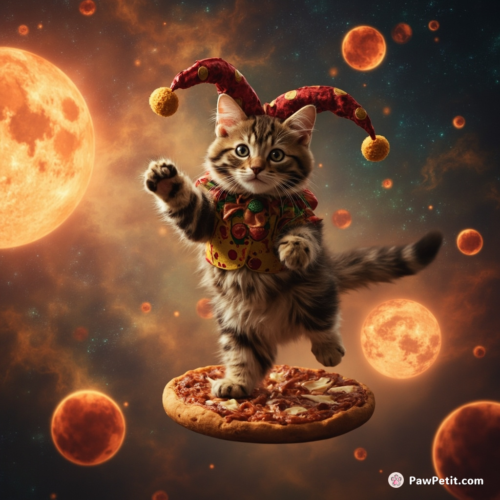 A jester cat pirouetting on a slice of mozzarella bacon pizza in myriad galaxies while juggling fiery dwarf suns.