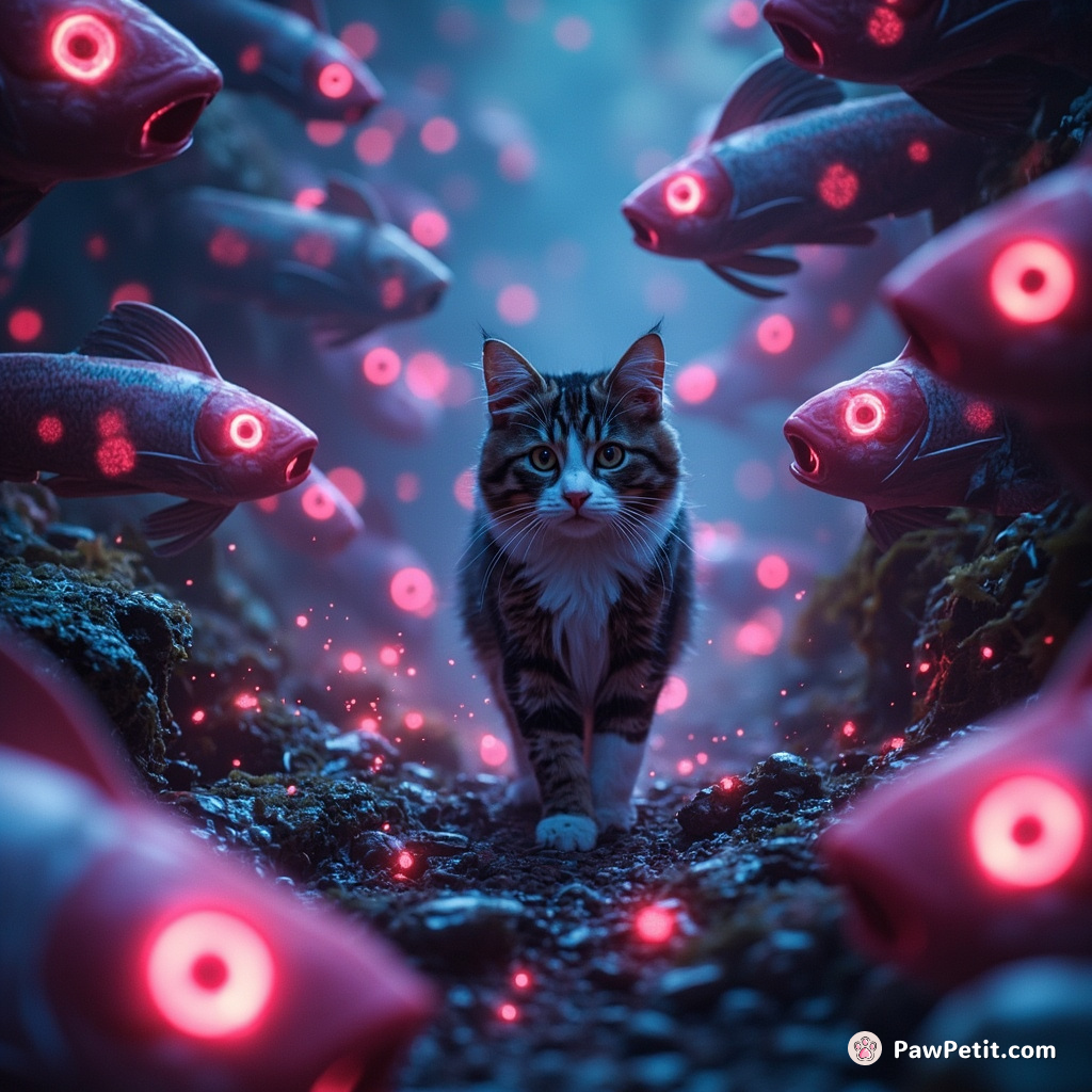A cosmic calico cat navigating through galactic tuna fish forest, leaving behind stardust paw prints.
