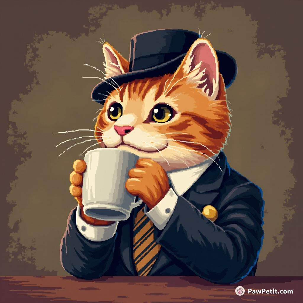 The feline, donning a tailored suit, adjusts his tiny tie and fine hat before ceremoniously sipping from a coffee mug.