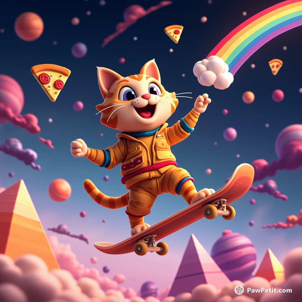 Space cat juggling rainbows while skateboarding on interstellar pizza slices hovered above cosmic pyramids.