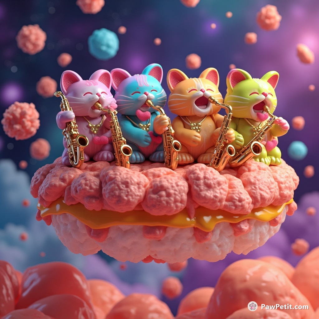 A jazz-band of rainbow-colored cats playing saxophones on top of floating sushi in a nebula.