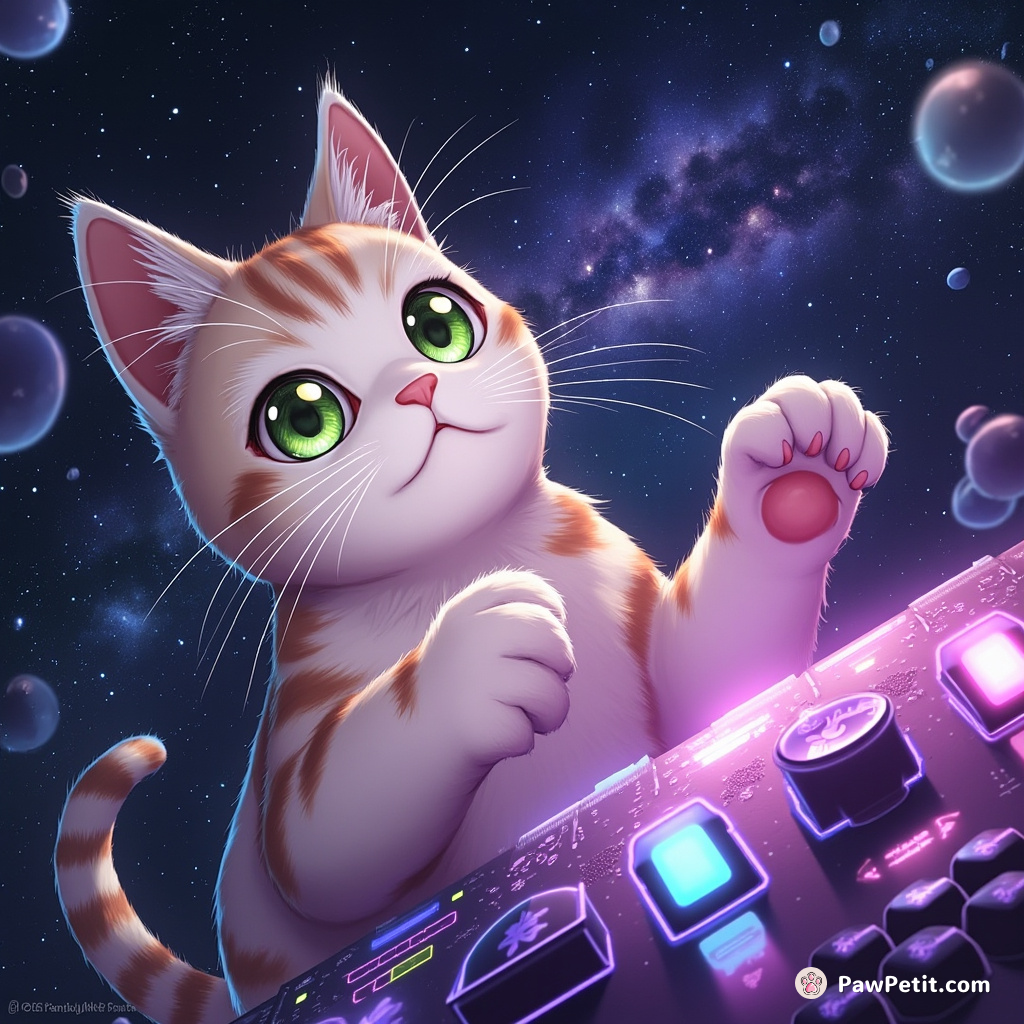 Cat paws dance on alien console, initiating galaxy-wide catnip teleportation.