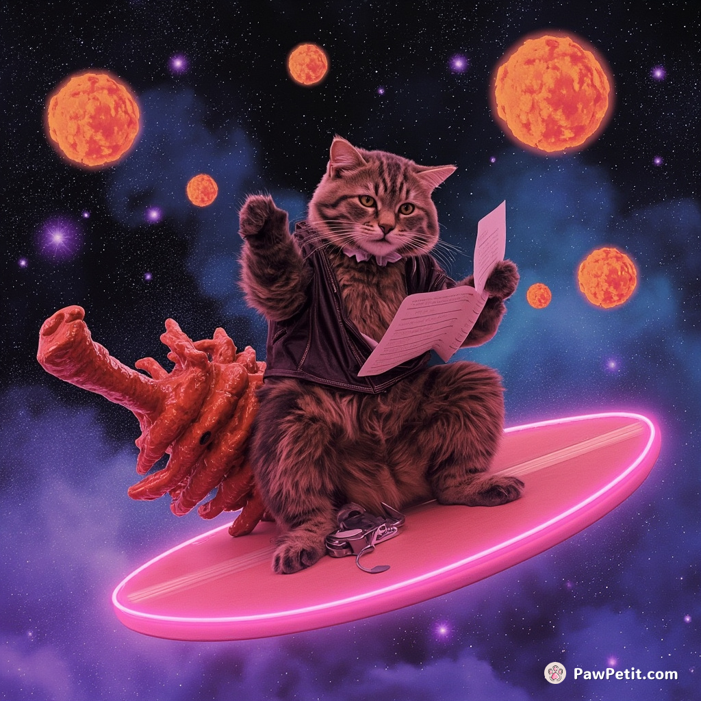 A grizzly cat shouting Shakespearean monologues on a rotisserie chicken-styled surfboard in neon-painting space while meteors of cheeseballs witness the oddity.