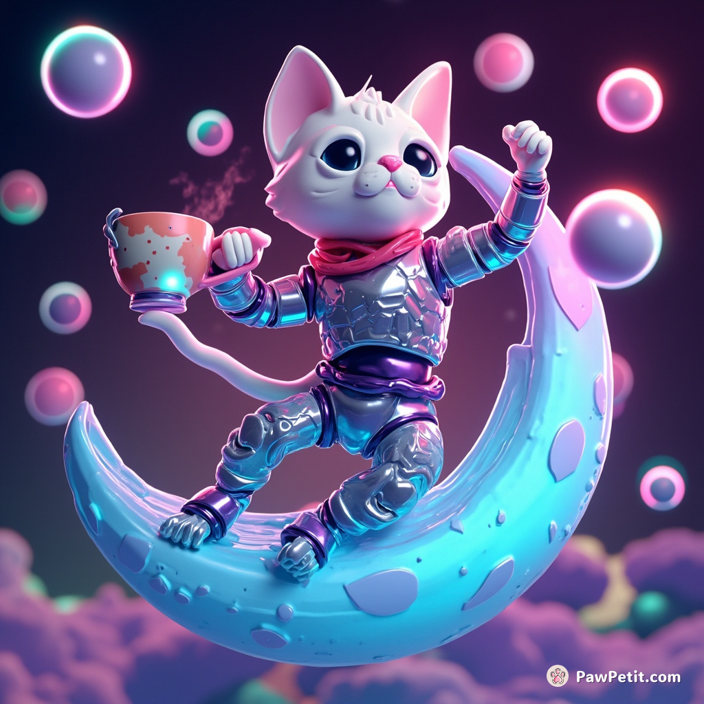 Cyborg cat sipping tea on a watery moon, while balancing invisible juggling balls and changing neon colors to disco beat.