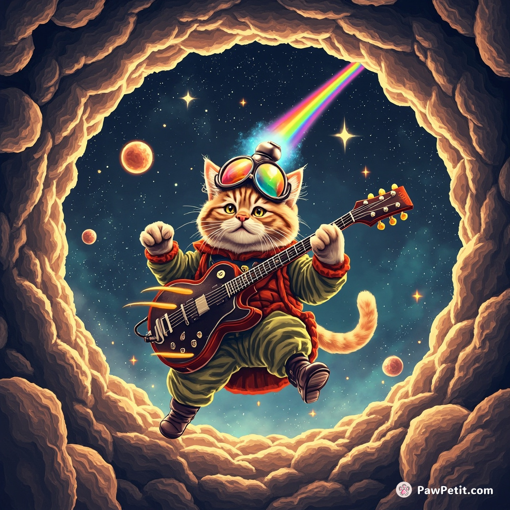 A space-faring cat performing an energetic rock concert inside a hollow asteroid, using a rainbow finalized comet as a guitar.