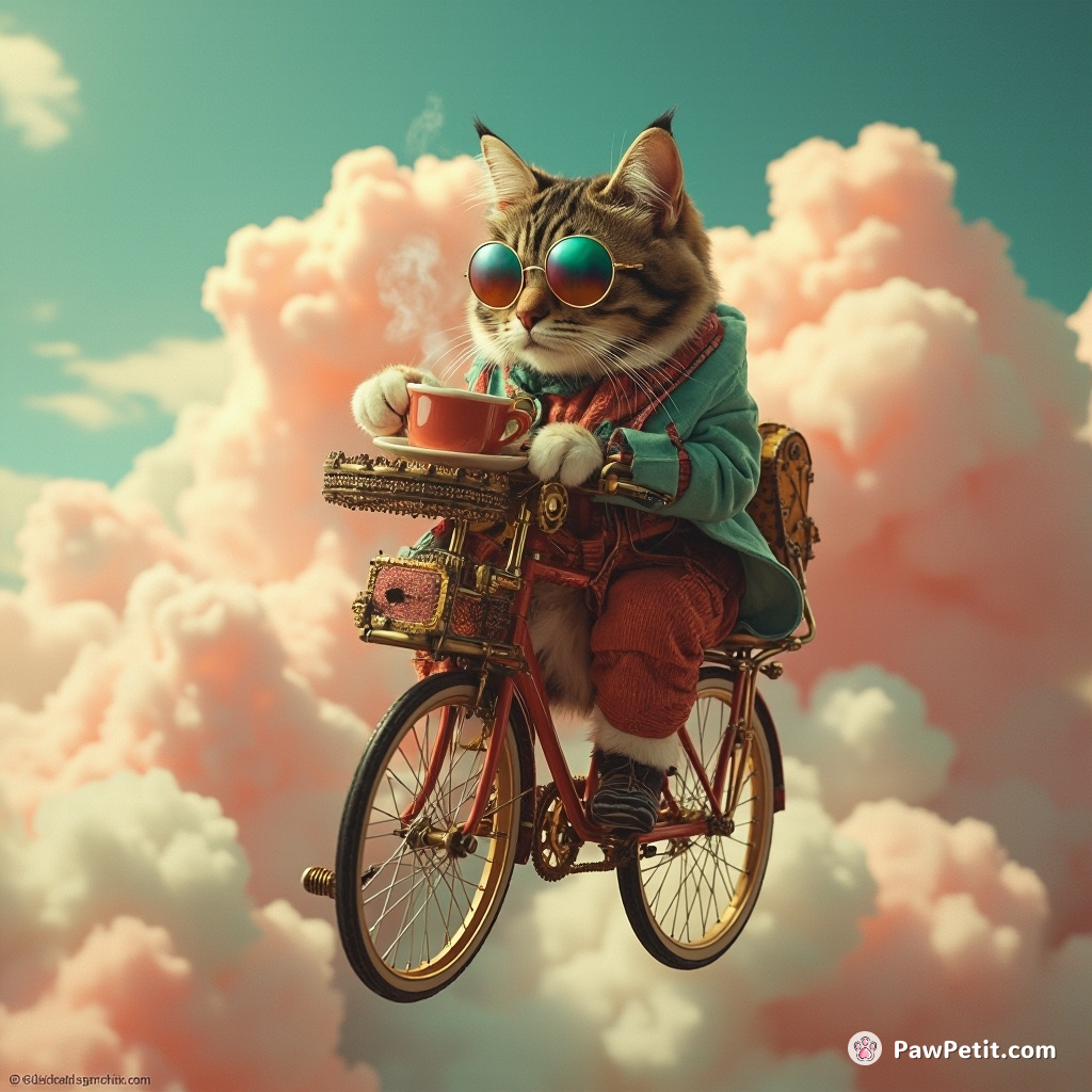 Steampunk cat drinking tea on a flying bicycle under a candyfloss cloud sky.