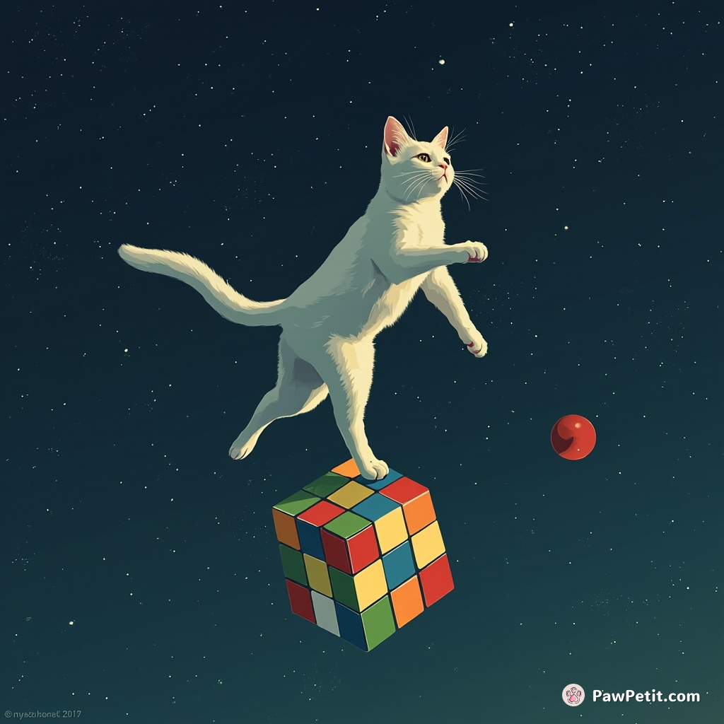A Russian Blue cat doing ballet on a floating rubik's cube in outer space, surprisingly solving it with each move.