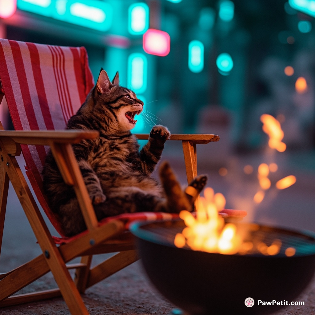 Cat, ecstatically sunbathing on deck chair, accidentally knocks over grill; embers sizzle and smoke in chaotic summer folly.
