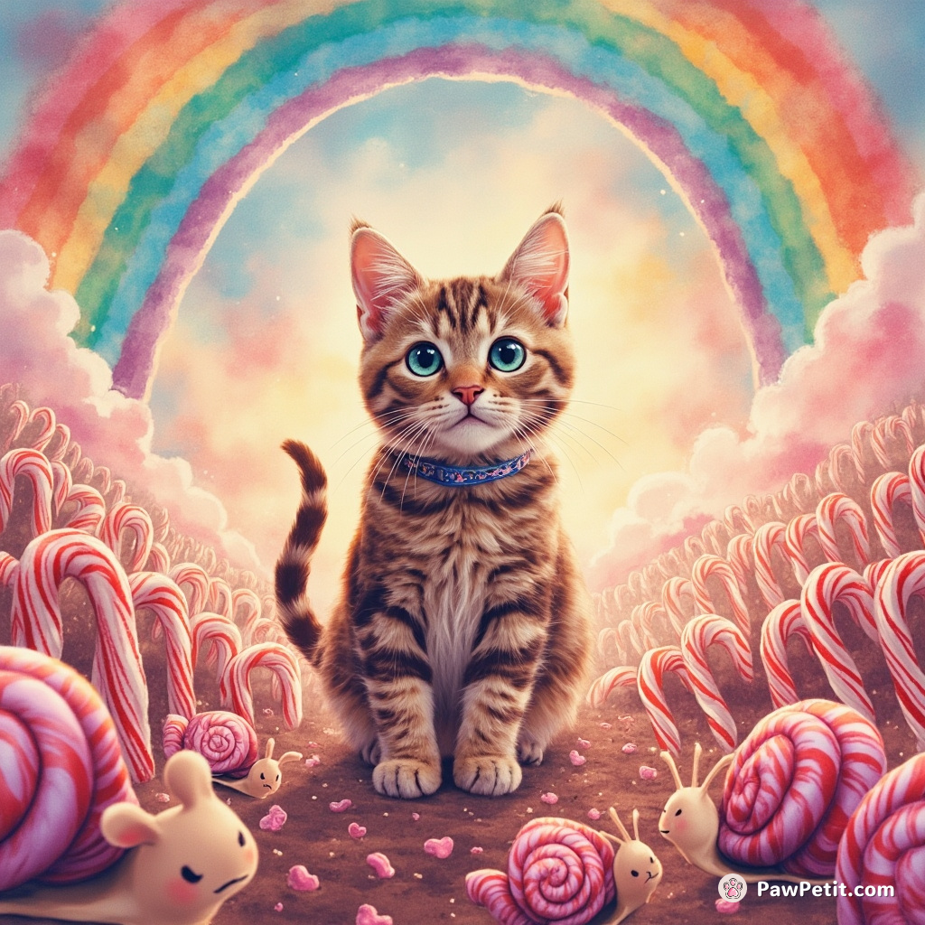 Caricature cat leading an army of neon-snails in a dessert revolution under candy-cane rainbows.