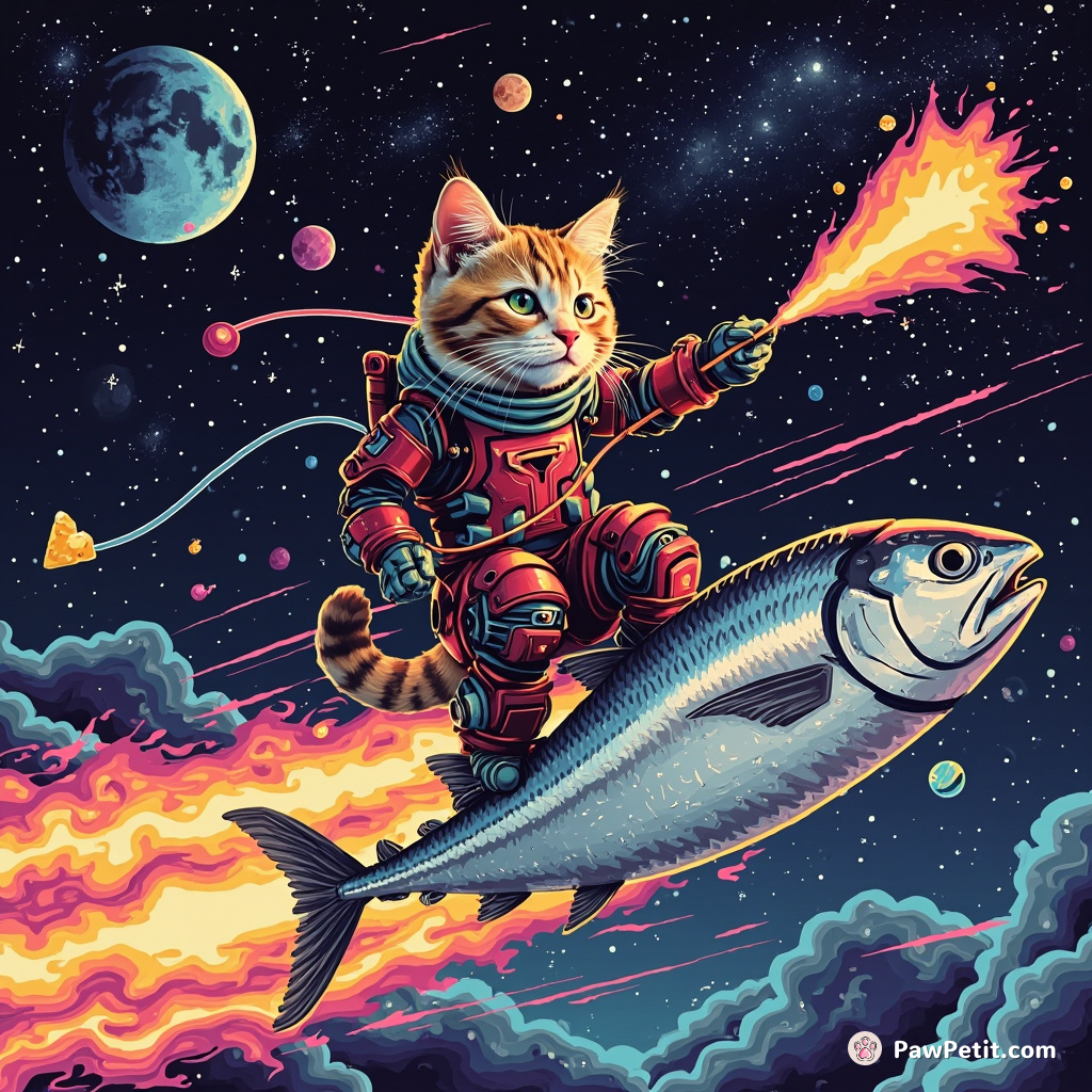 A cyborg cat painting galaxy trails using Swiss cheese while surfing on a flying silver tuna.