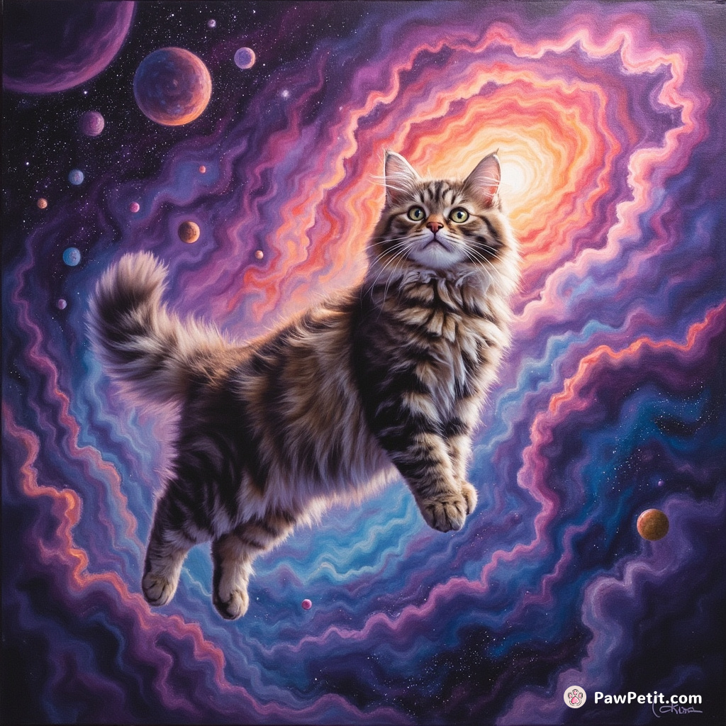 A psychedelic cat painting stars in a zero-gravity fluorescent galaxy.