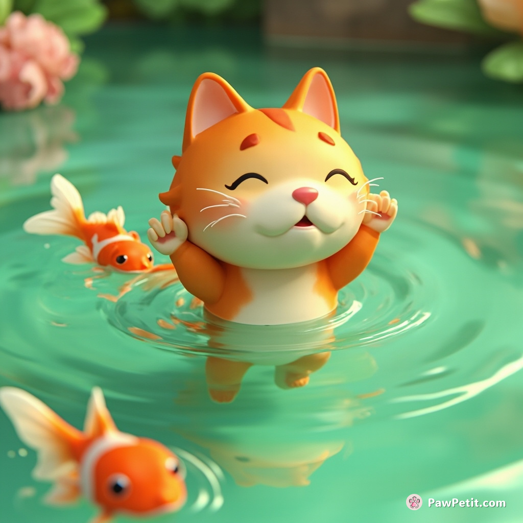Cat coordinating a synchronized swimming routine with goldfish in a jade-green pond.