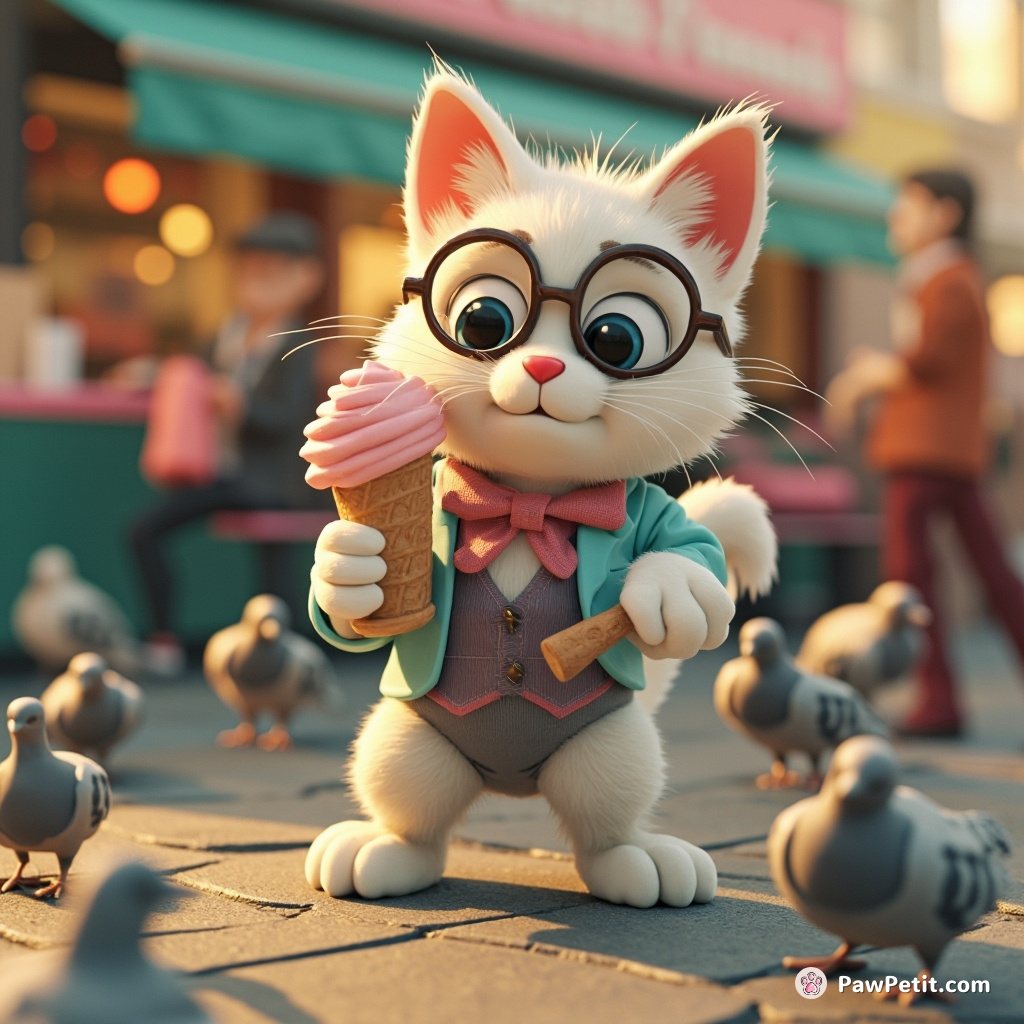 Chaos unleashes as Sir Whiskers daintily queues for ice cream, nonchalantly swiping the pigeons who dared to peck his treat.
