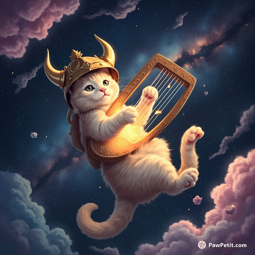 Upside-down cat gracefully playing a glowing harp with its tail inside an viking helmet drifting through the nebula clouds of candy floss in space.