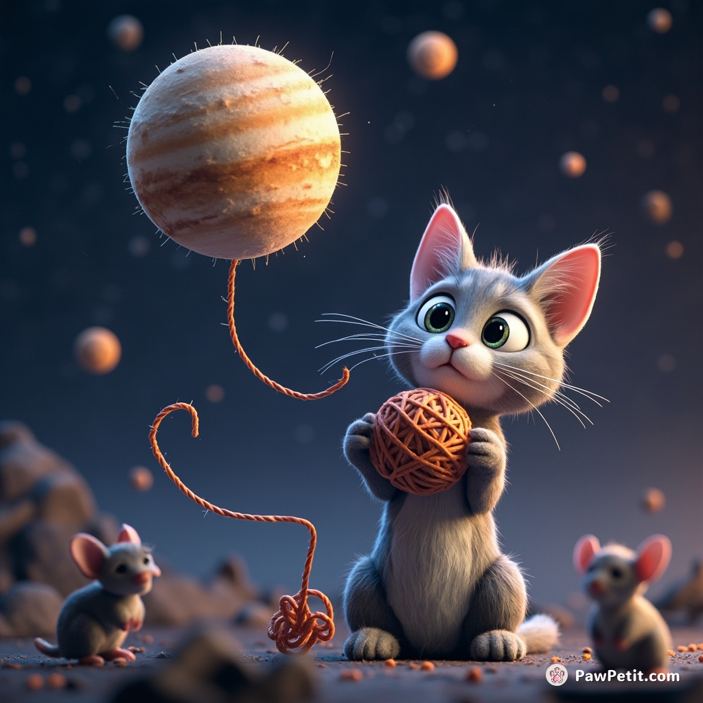 A celestial cat using Jupiter as a yarn ball while stardust mice scurry around.