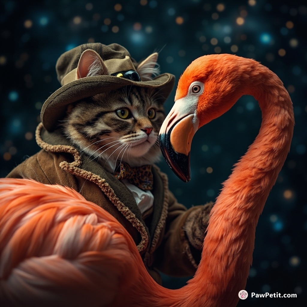 A cat in a Victorian detective outfit, using a magnifying glass to scrutinize intergalactic constellations on a flamboyant flamingo's feathers