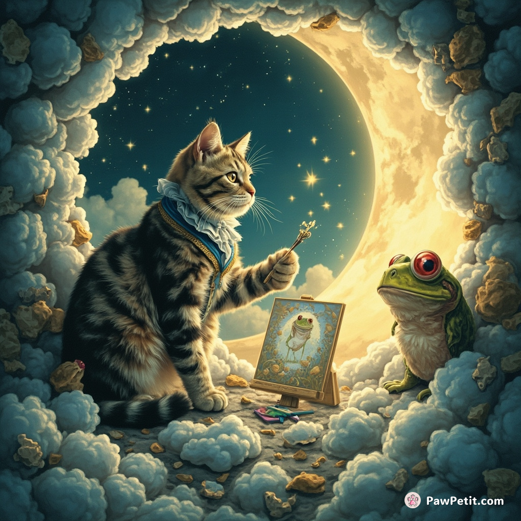 A Victorian-era cat painting portraits of toads on crystallized moon rocks in a floating cottage made of cloud puffs.