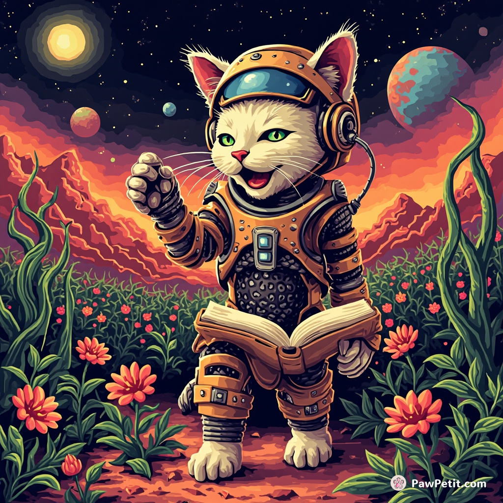 Cyborg cat delivering a passionate Shakespearian soliloquy on Mars amidst a garden of extraterrestrial plants.