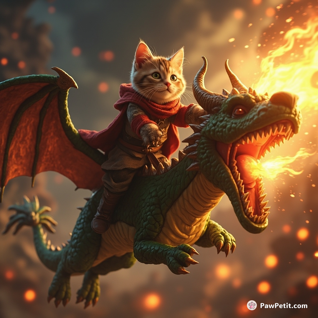 The chivalrous feline leaps onto the dragon's back, deftly dodging fire and claws to snatch the magical gem from its head.