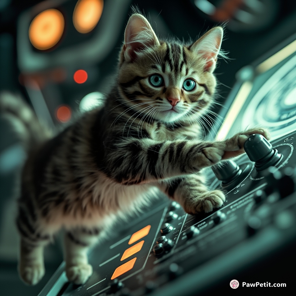 The feline pounces, lands gracefully on the control panel, and activates the extraterrestrial craft with a swift paw swipe.