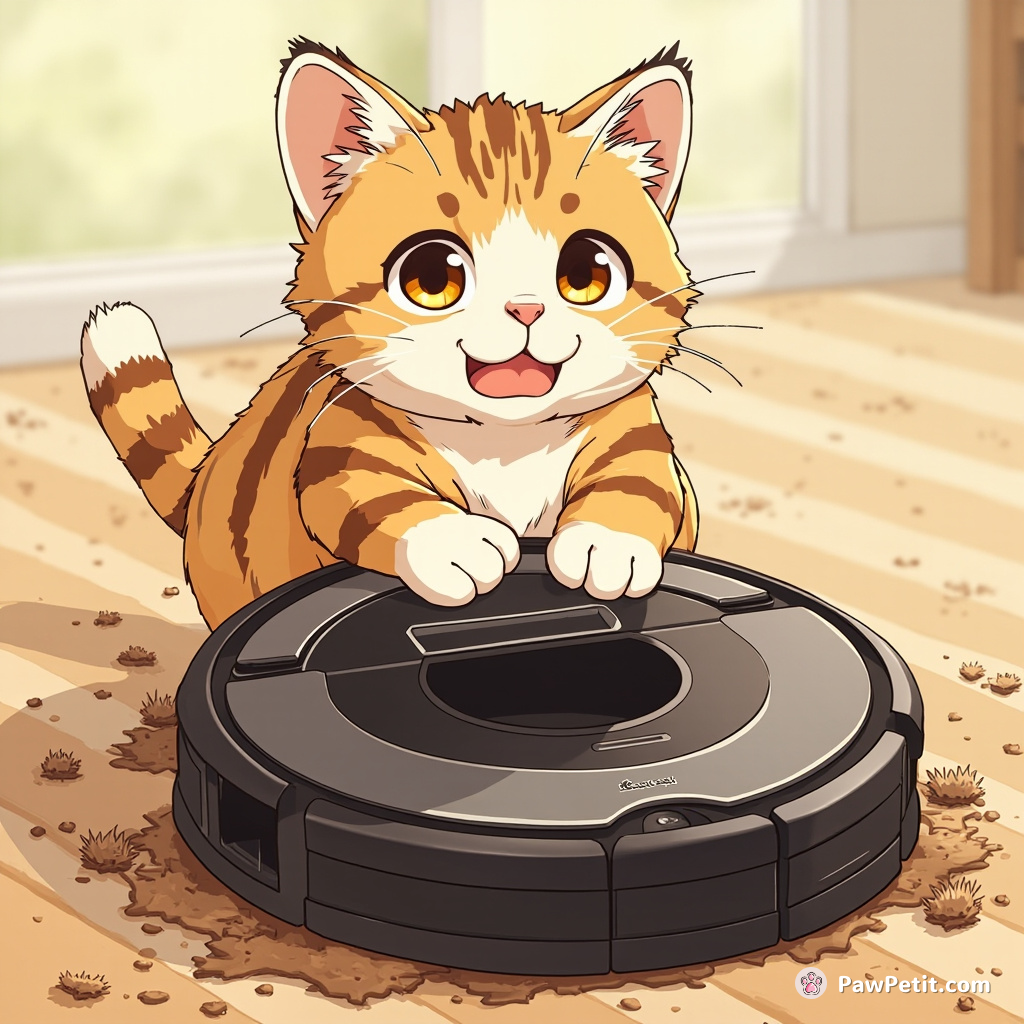 Brash Tabby asserts control, expertly maneuvering Roomba in litter clean-up contest against human; flawlessly shovels dirt in seconds.