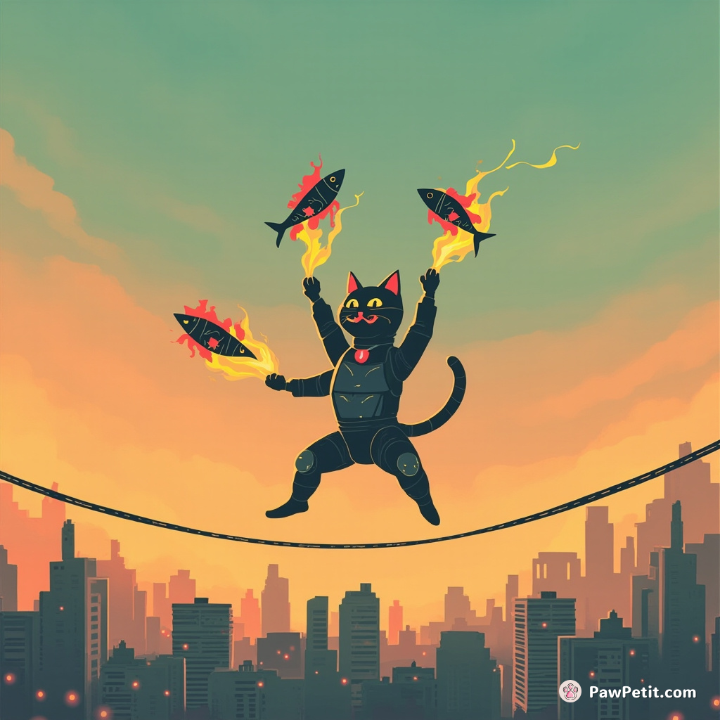 A cyborg cat juggling flaming fish on a tightrope over an alien city skyline at dusk.