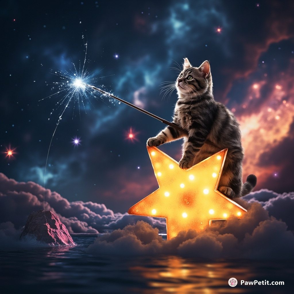 Cat perched on a star, fishing for colorful nebulae in the cosmic sea with a sparkly space rod.