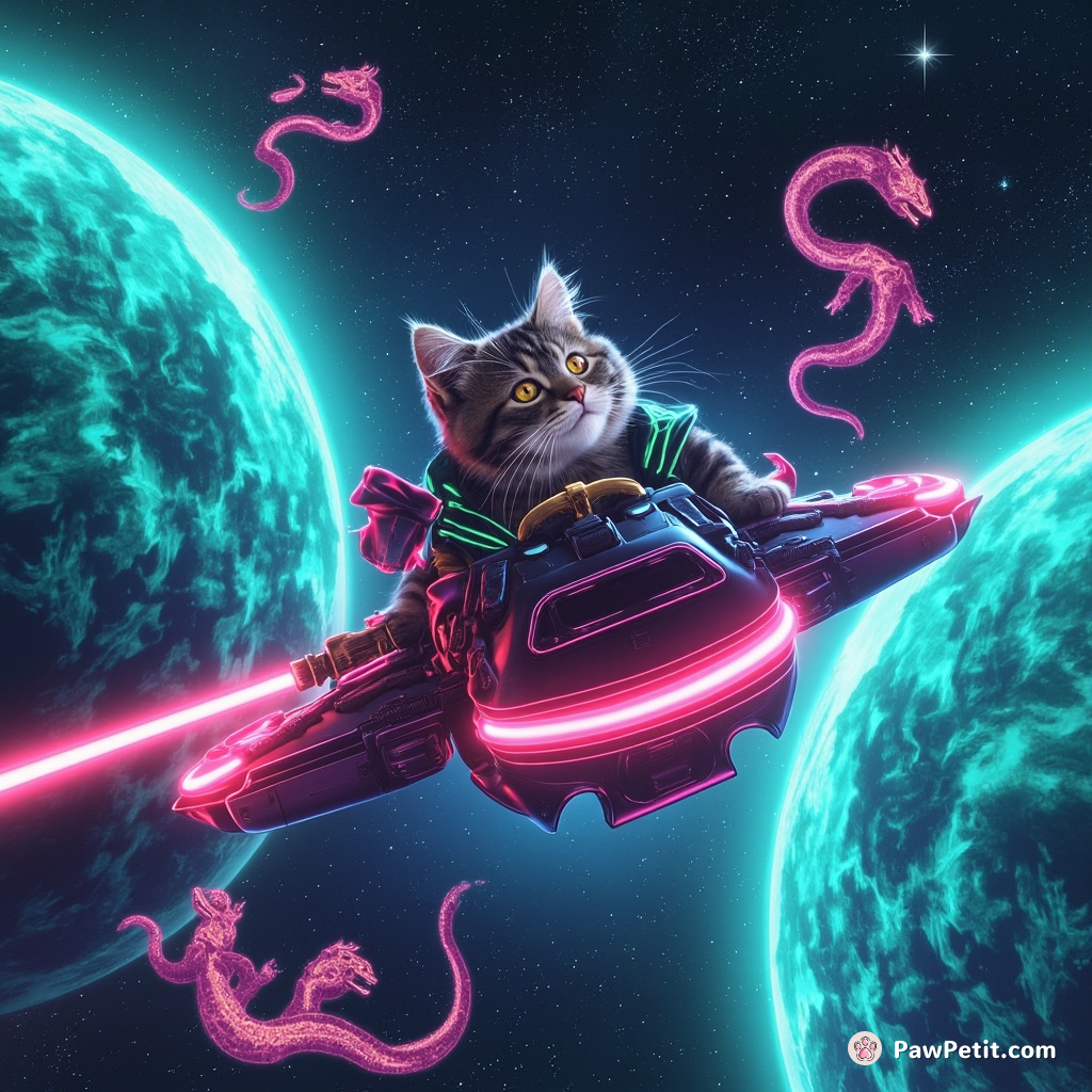 Cat pirating a neon spaceship between two turquoise galaxies, fighting off invisible space-dragons using laser pastries.