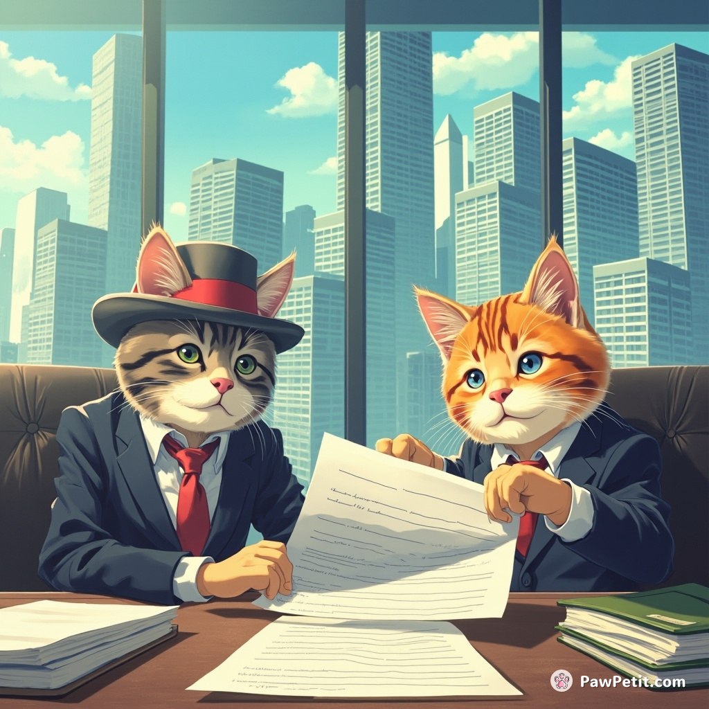Cats, disguised as human CEOs, subtly knocking invaluable corporate documents off skyscraper office tables during emergency meetings.