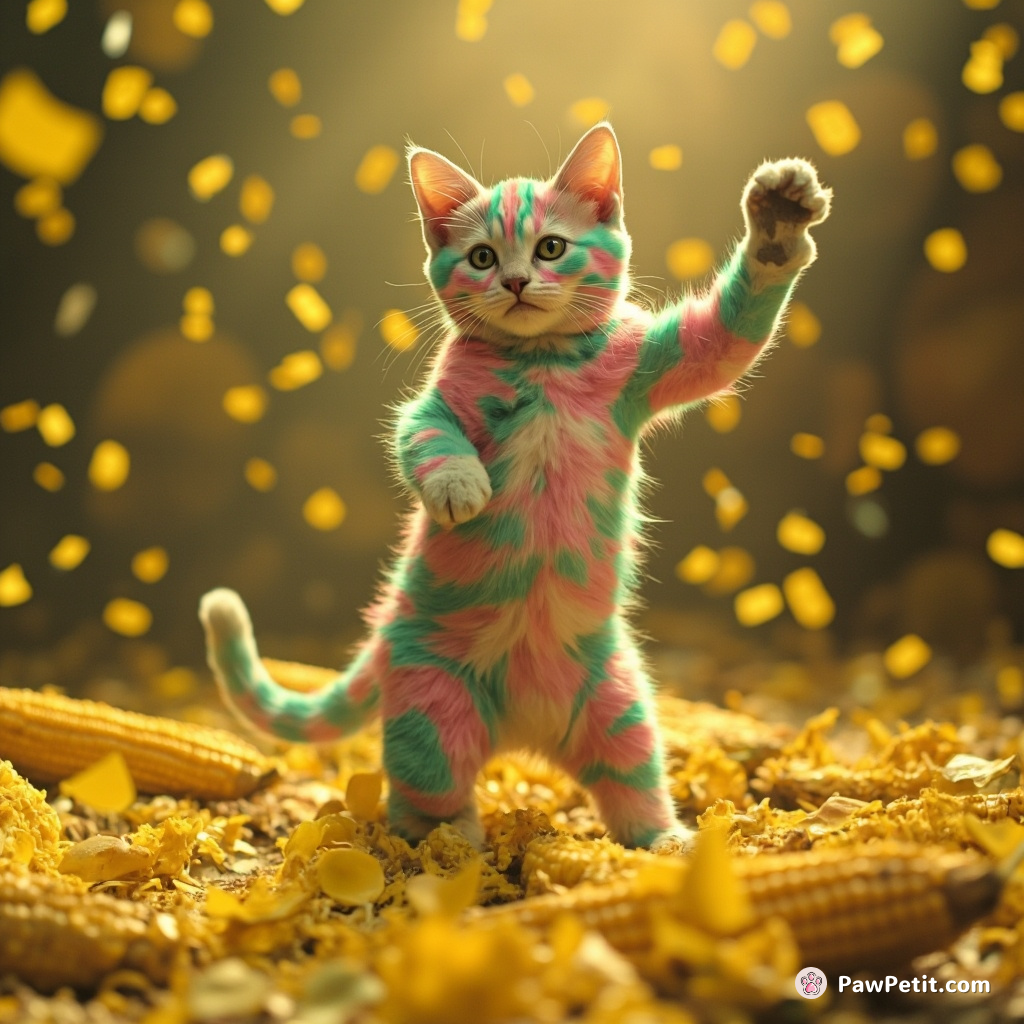 A turquoise and pink spotted cat tap-dancing on a corn-on-the-cob stage amidst lemon confetti rain.