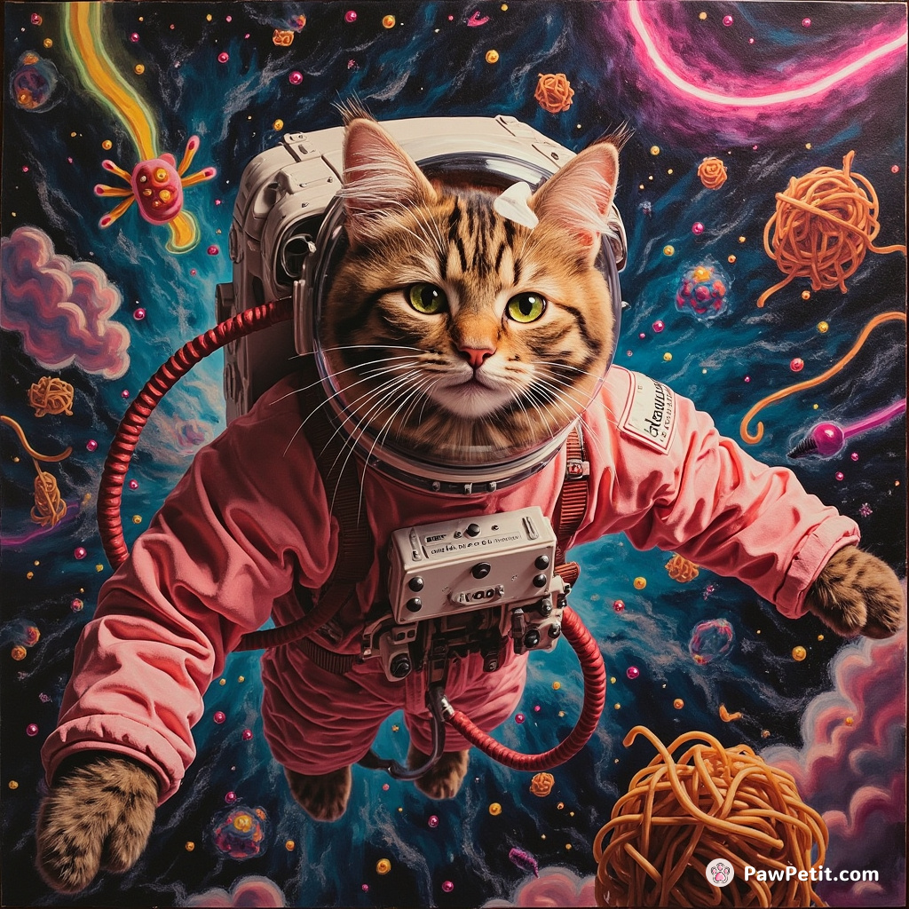 A feline astronaut regally floating through a hodgepodge sky of neon spaghetti while winking seductively.