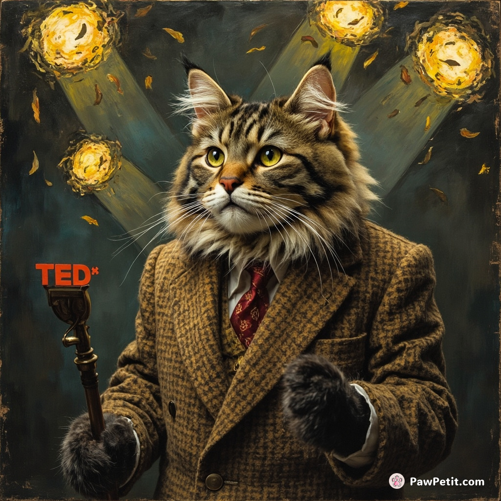 A cat giving a TED talk on fish psychology, wearing a tweed professor's suit under fluorescent recyclable-tea-leaf spotlights.