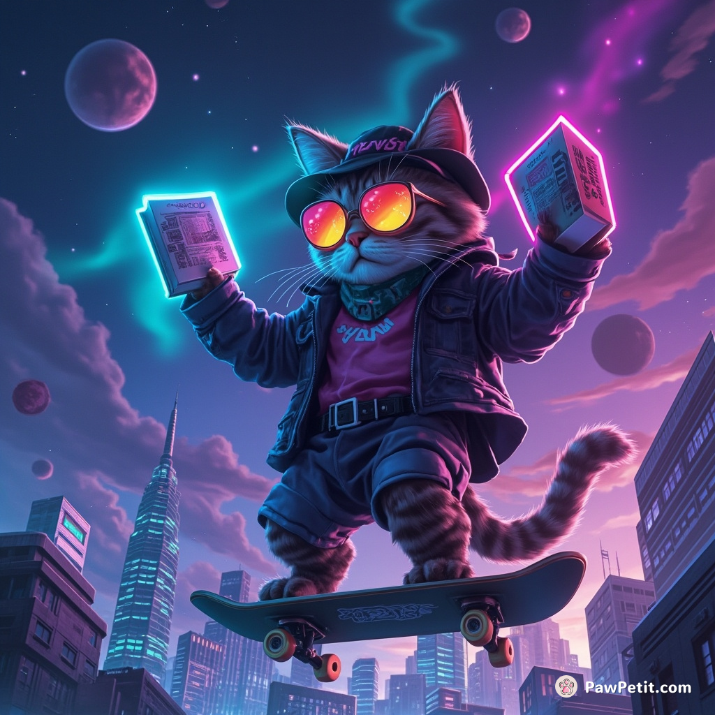 Cyberpunk cat juggling neon detective novels on a hovering skateboard atop skyscraper rooftops against an aurora-glowing night sky.