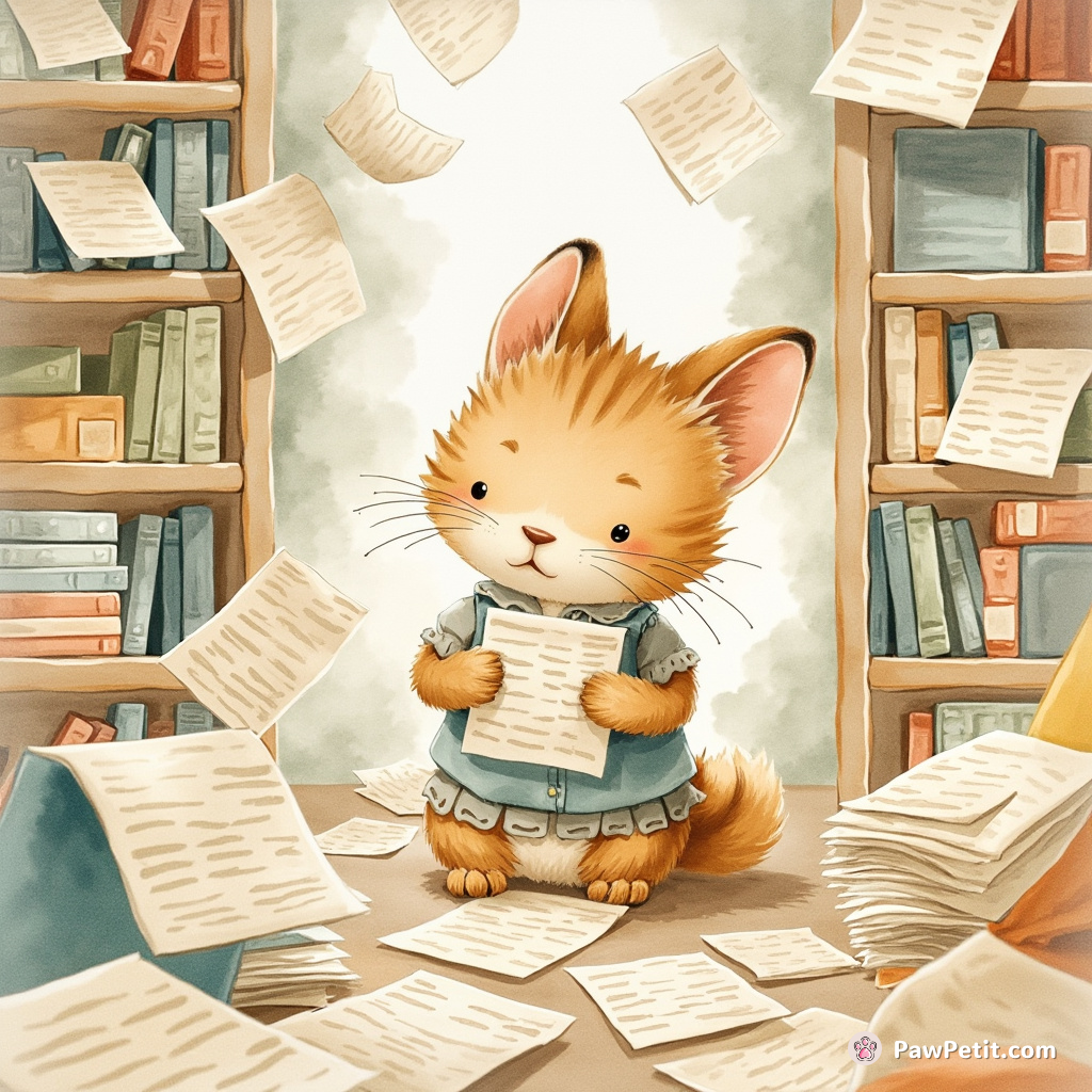 In a world of paper, Whiskers meticulously organizes documents, believing they're the foundation of human society.