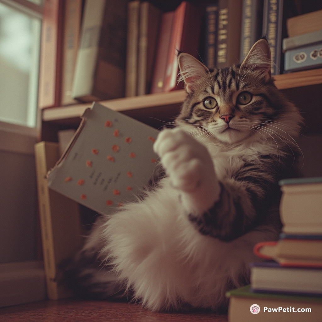 The cat, assuming humans worship ink squares (books), artfully knocks one off a shelf - her version of highest offering.