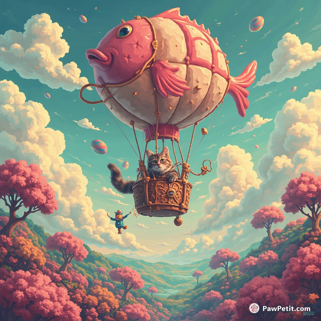 Steampunk cat piloting a hot air balloon shaped like a fish over the candy floss forests of an alien planet.