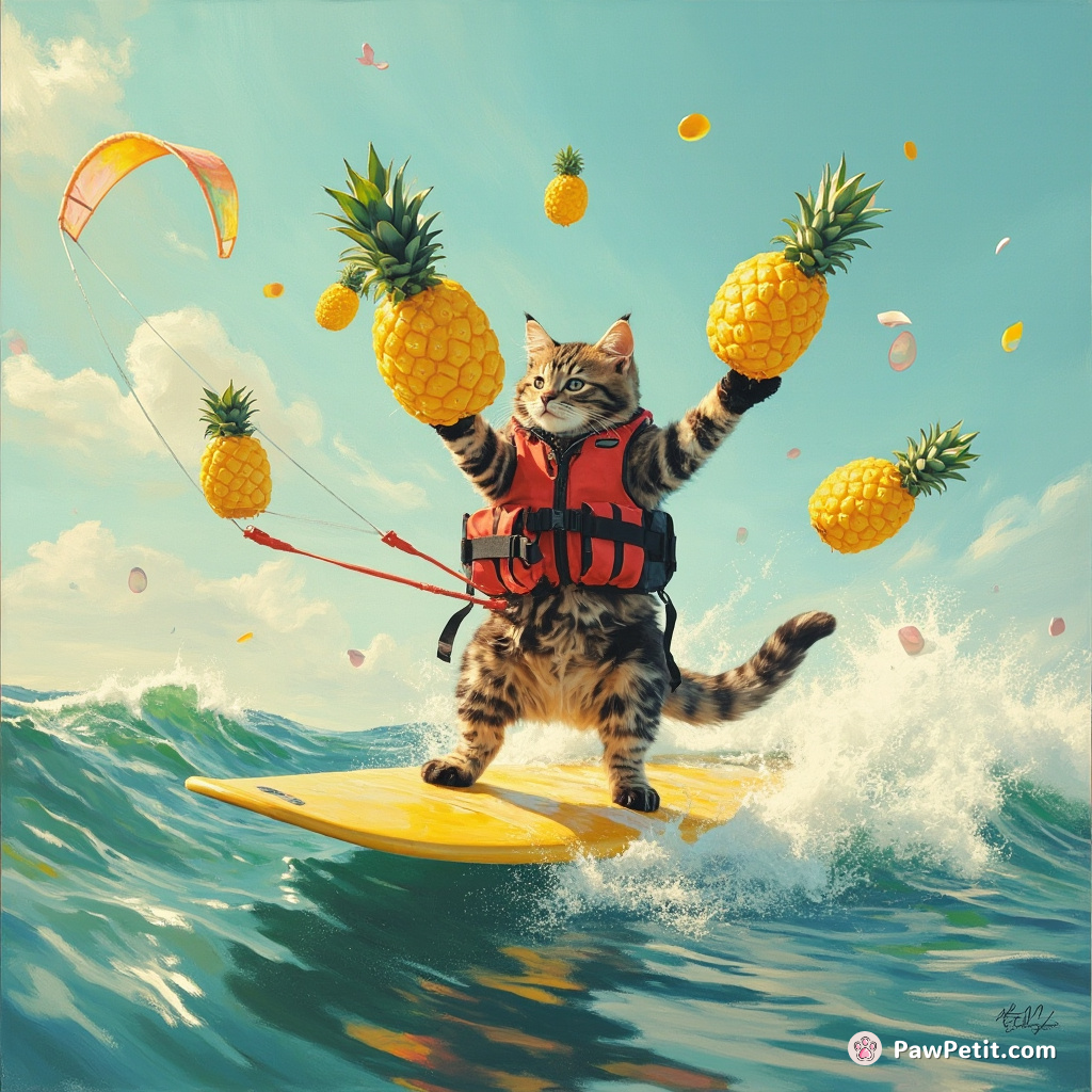 Cat effortlessly juggling neon pineapples on a kite-surfing board amid choppy candyfloss waves under a vanilla sky.