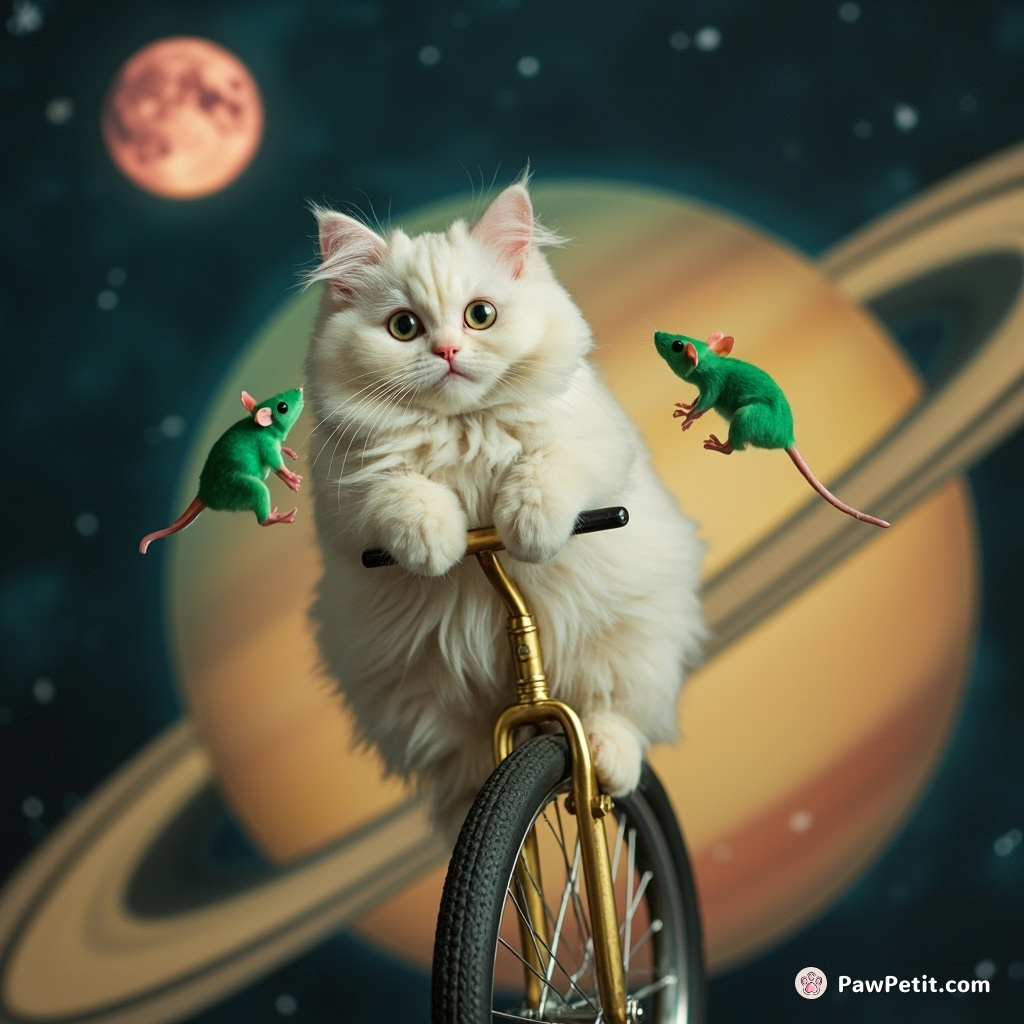 Cat riding a golden unicycle on the rings of Saturn, juggling emerald mice under a candy cane moon.