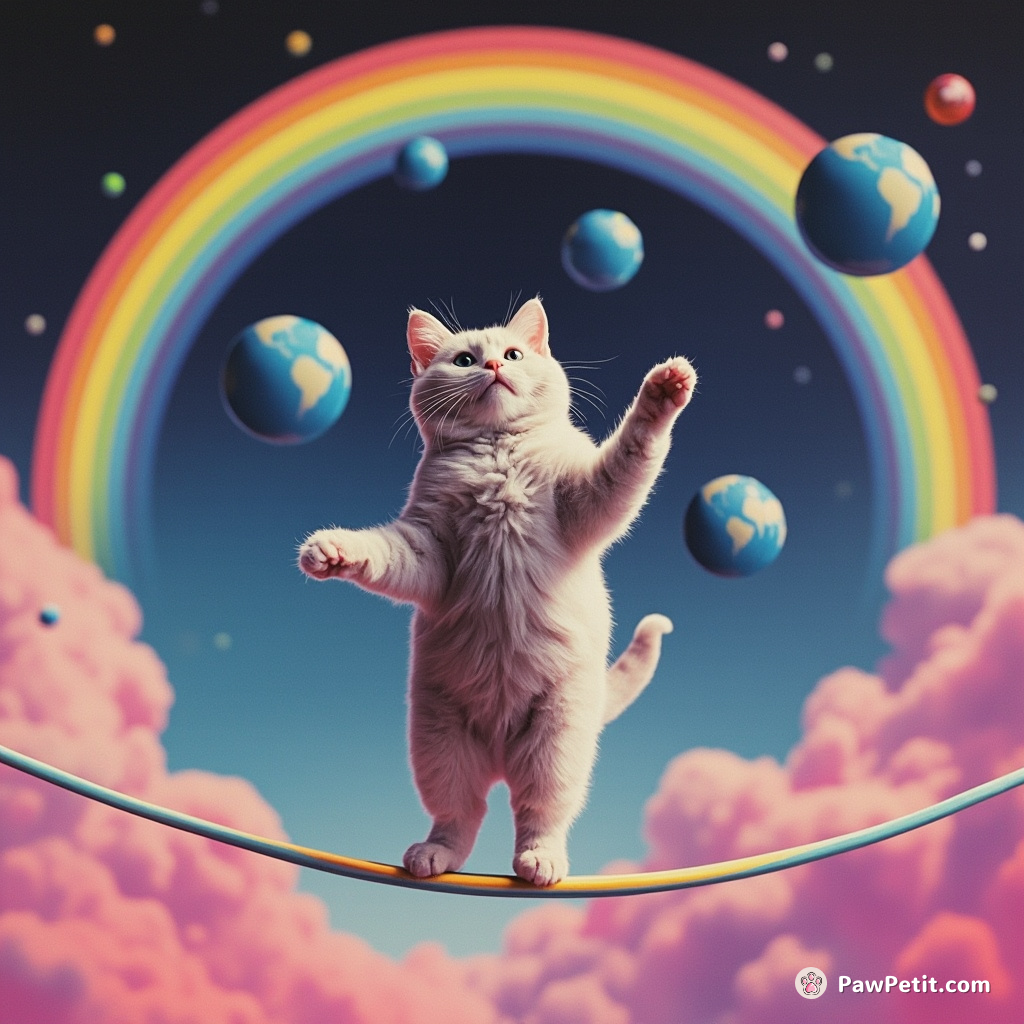 A cat maintaining balance on a tightrope made of rainbows, juggling small blue planets.