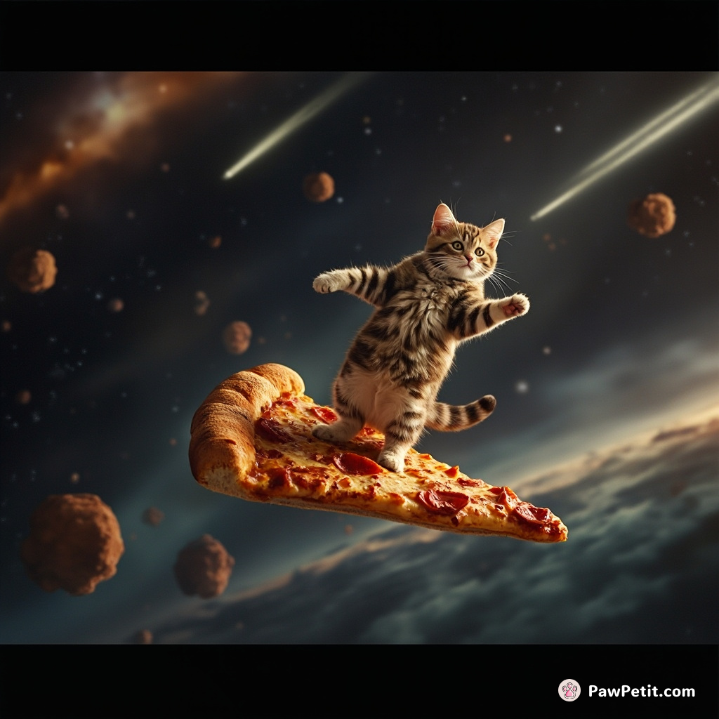 Cat doing a salsa dance on a flying slice of pizza among a meteor shower in space.