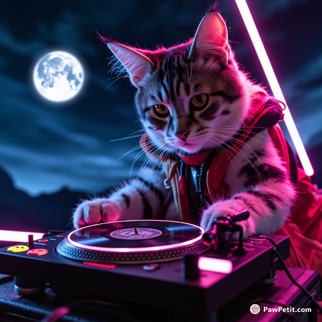 Cybernetic cat DJ rotating a cheeseburger turntable on the dark side of the moon.