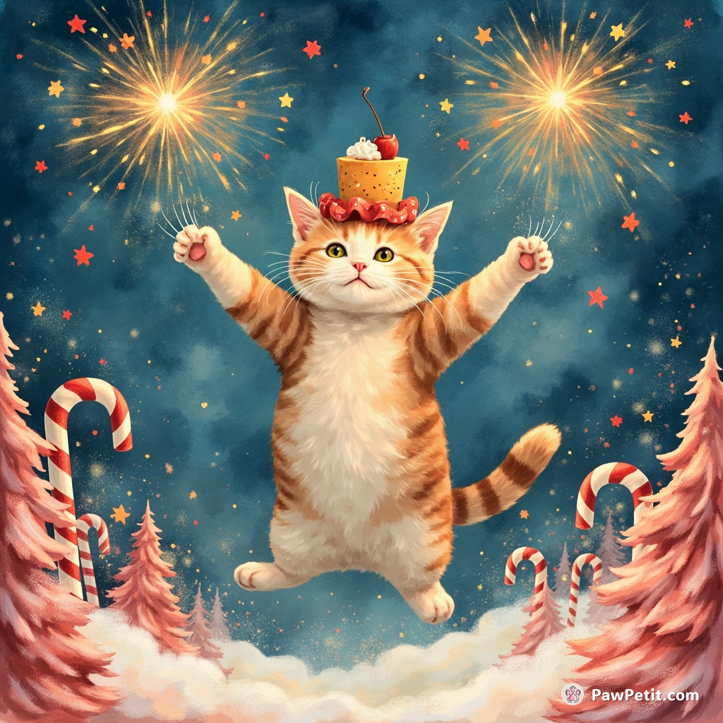 Cat levitating over a candy cane forest, juggling lit fireworks with magic paws and cheesecake on its head.