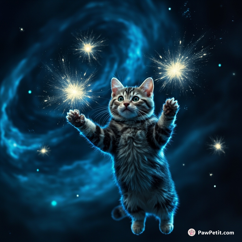 Bioluminescent cat juggling mini supernovas alongside swirling galaxies in zero-gravity, hooked on catnip.