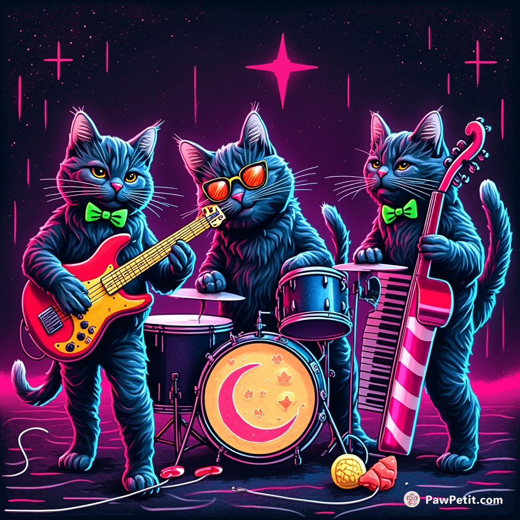 A jazz trio of playful neon cats performing musical purrs on moon cheese drums, candy cane bass and shrimp sushi keyboard in neon alternate cat universe.