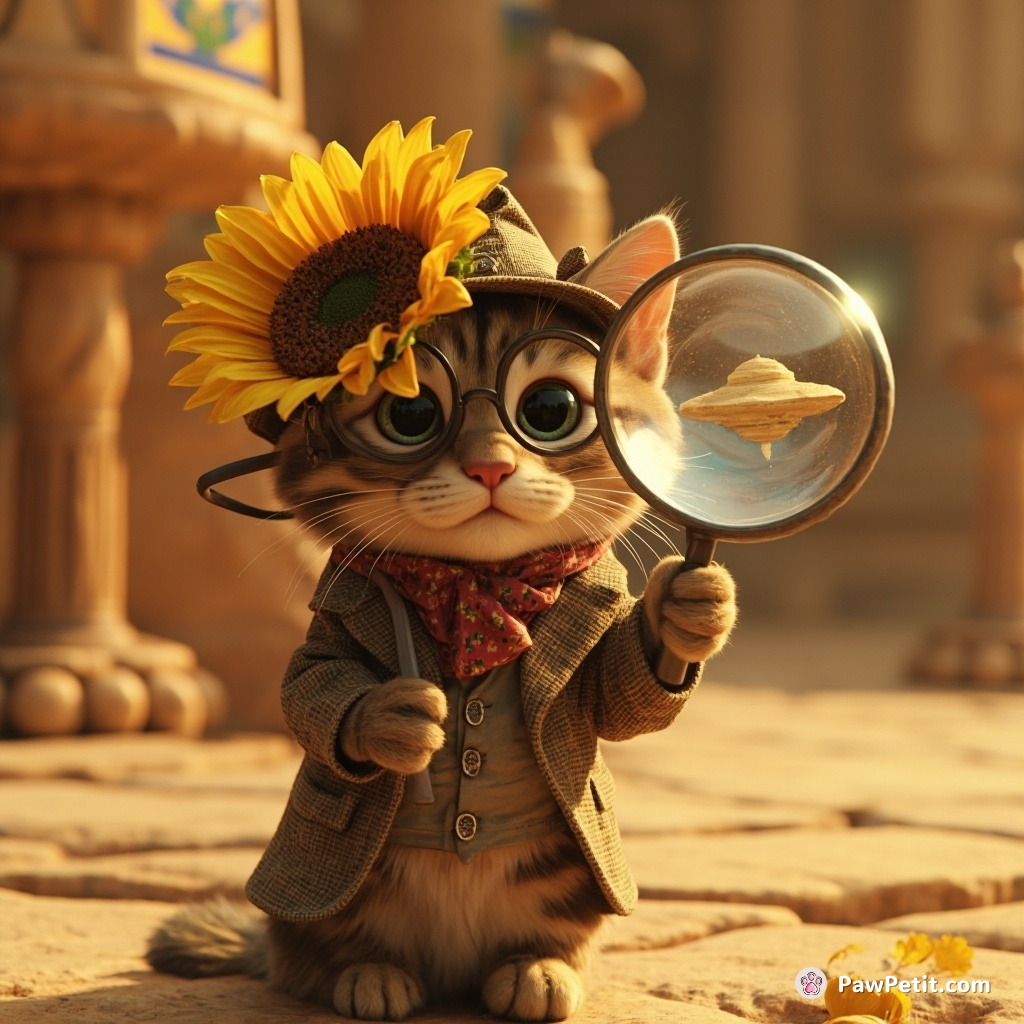 Cat dressed as Sherlock Holmes, using a sunflower as a magnifying glass, inspecting an open UFO in ancient Egypt.